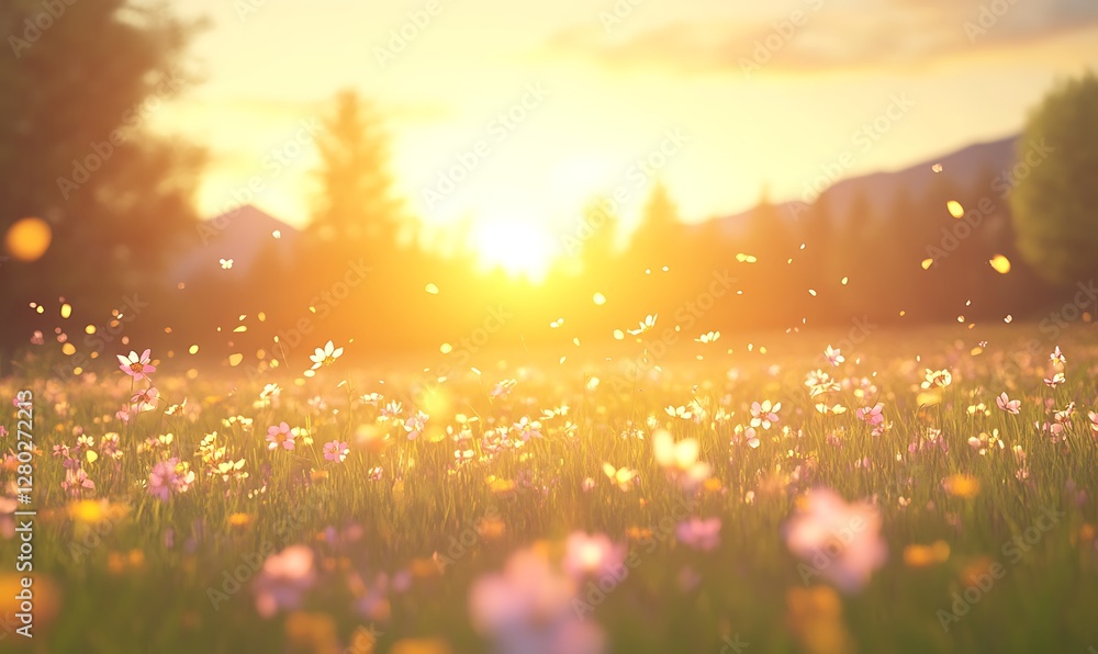Poster a vibrant image of a wildflower field during golden hour, showcasing glowing petals in soft light.