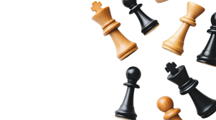 Strategic Formation: Chess pieces in a state of dynamic equilibrium, creating a captivating scene of strategy, competition, and calculated moves, perfect for illustrating concepts of business tactics.