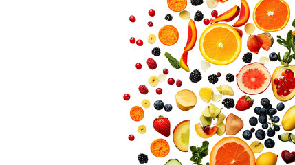 Burst of Colorful Fruits: A vibrant collection of fresh, colorful fruit slices, and whole berries artfully arranged in a visual feast, brimming with the essence of health and natural goodness.
