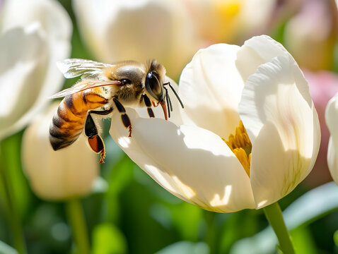 A bee hovering near a white tulip among colorful flowers in a garden.