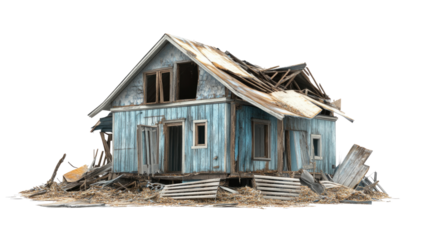 Weathered Shack: An image of a dilapidated, weathered house, showcasing its aged wooden structure, visible damage, and sense of abandonment.