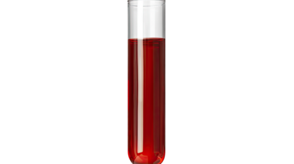 Blood Sample in a Vial: A single, transparent test tube containing a vibrant red liquid, possibly a blood sample, stands isolated, symbolizing scientific exploration and medical research.