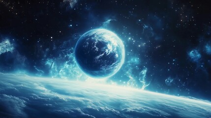 Obraz premium A beautiful blue and white planet with a white moon in the sky. The planet is surrounded by a vast blue and white sky, giving the impression of a serene and peaceful scene