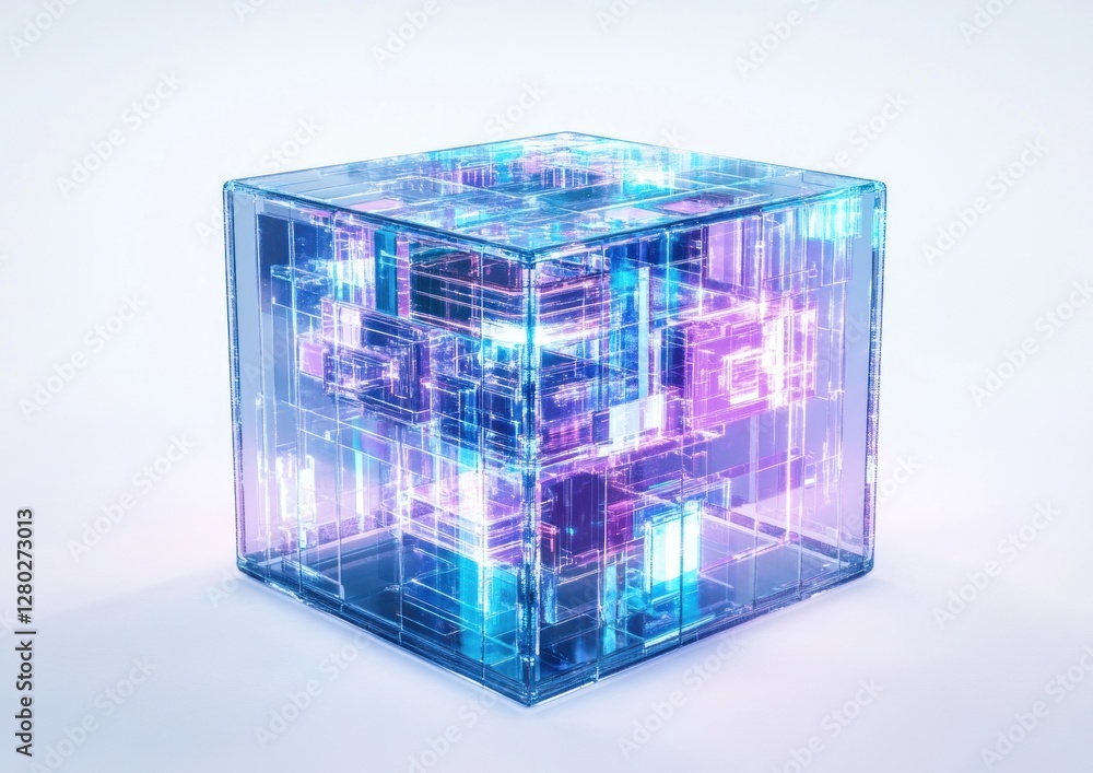 Wall mural transparent cube with glowing internal circuitry.
