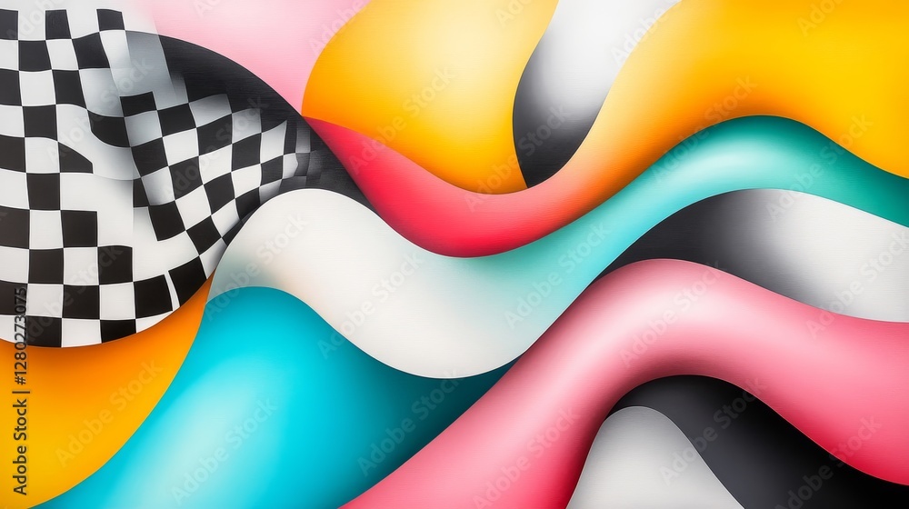 Poster vibrant abstract waves with checkerboard pattern and bold colors