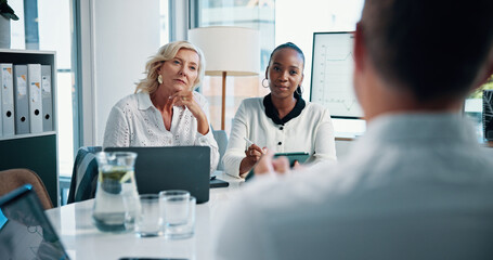 Fototapeta premium Discussion, client and business people in office for finance negotiation, deal or investment pitch. Meeting, corporate and female financial managers with company investor for revenue growth proposal.