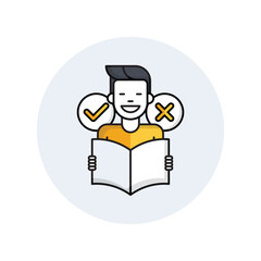 Make a Decision Icon: Features a person holding an open book, pondering options represented by a checkmark and an 'X'. Ideal for themes of decision-making, evaluation, and choice.