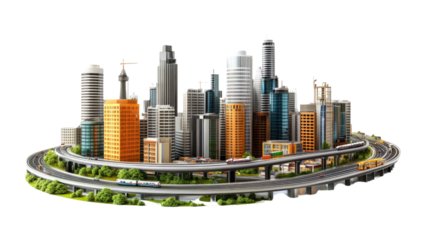 Cityscape on the Horizon: A modern metropolis in miniature, with a network of towering skyscrapers, intricate transport infrastructure, and verdant green spaces encircling the urban core.