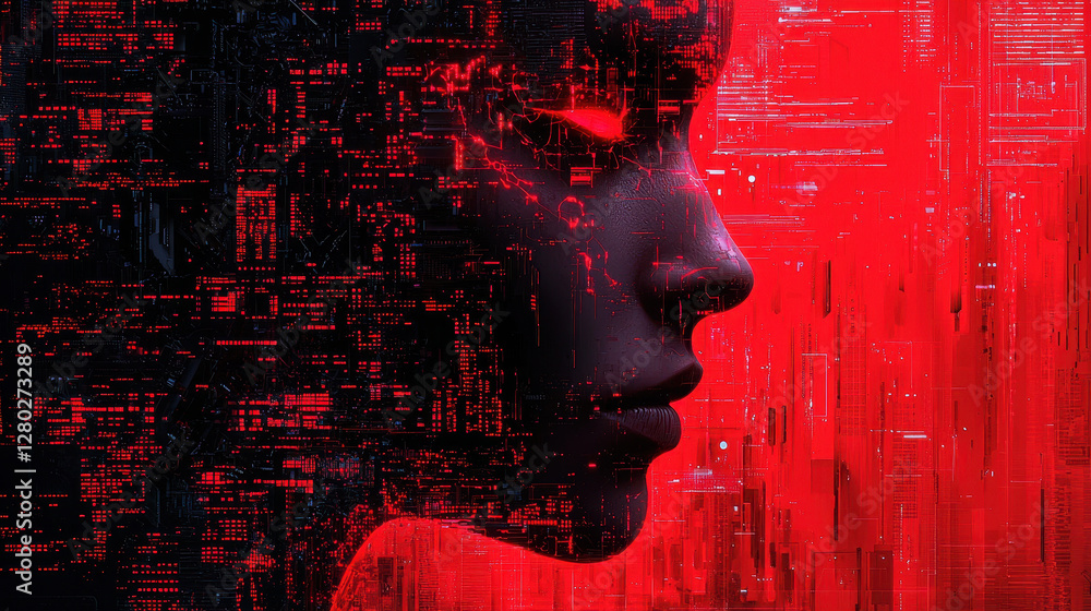 Poster faceless individual navigating a futuristic city enveloped in ai surveillance and unsettling data st