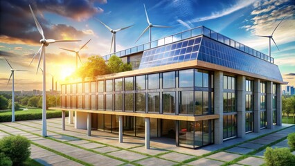 Sustainable Modern Building with Rooftop Solar Panels and Wind Turbines for Green Energy