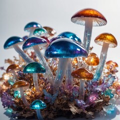 A mesmerizing world of iridescent glass mushrooms and butterflies, with soft light shining through them, illuminating the scene against a white background.