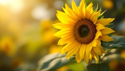 Fototapeta premium Vibrant sunflower close-up, golden yellow petals, dark brown center, bokeh background