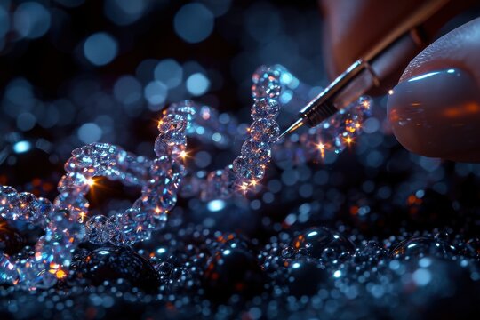 Realistic diamond DNA being assembled with precision tool in hand
