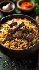 Fototapeta premium Spicy Beef and Rice Bowl Dish
