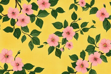 Beautiful floral pattern with pink flowers and green leaves on a vibrant yellow background, ideal for spring and summer design projects