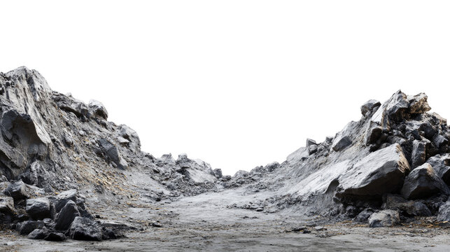 Barren Path Through Rocky Terrain: A stark, desolate landscape reveals a path winding through jagged, gray rock formations under a clear sky. This image encapsulates the raw.