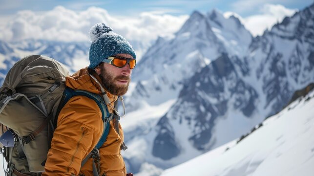 Determined mountaineer in winter gear against snowy peaks