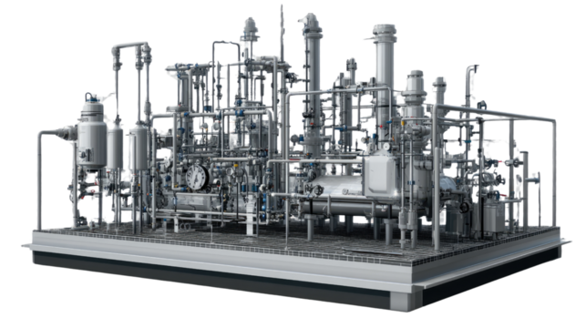 Industrial Powerhouse: A detailed, high-angle shot captures the complex architecture of an industrial processing plant, highlighting the interconnected network of pipes, tanks, and machinery.