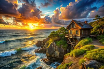 Secluded coastal cottage, rustic charm, ocean views.