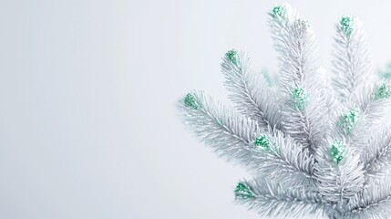 Fototapeta premium Festive holiday decoration indoor setting image of snowy faux christmas tree minimalist aesthetic close-up view