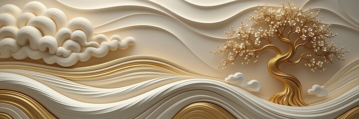 Elegant textured landscape with golden tree and swirling cloud in relief sculpture style

