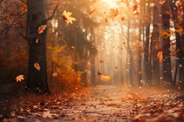 A peaceful autumn trail surrounded by colorful falling leaves
