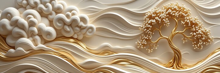 Elegant textured landscape with golden tree and swirling cloud in relief sculpture style

