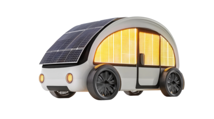 Solar Powered Vehicle: This image showcases a futuristic, eco-friendly vehicle with solar panels integrated into its design, representing sustainable transportation and innovation.