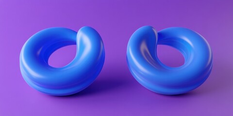 Two blue abstract 3D twisted torus shapes on purple background.
