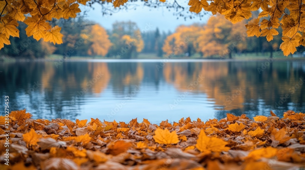 Poster calm autumn lake scene with yellow maple leaves on the foreground and trees reflecting on the water.