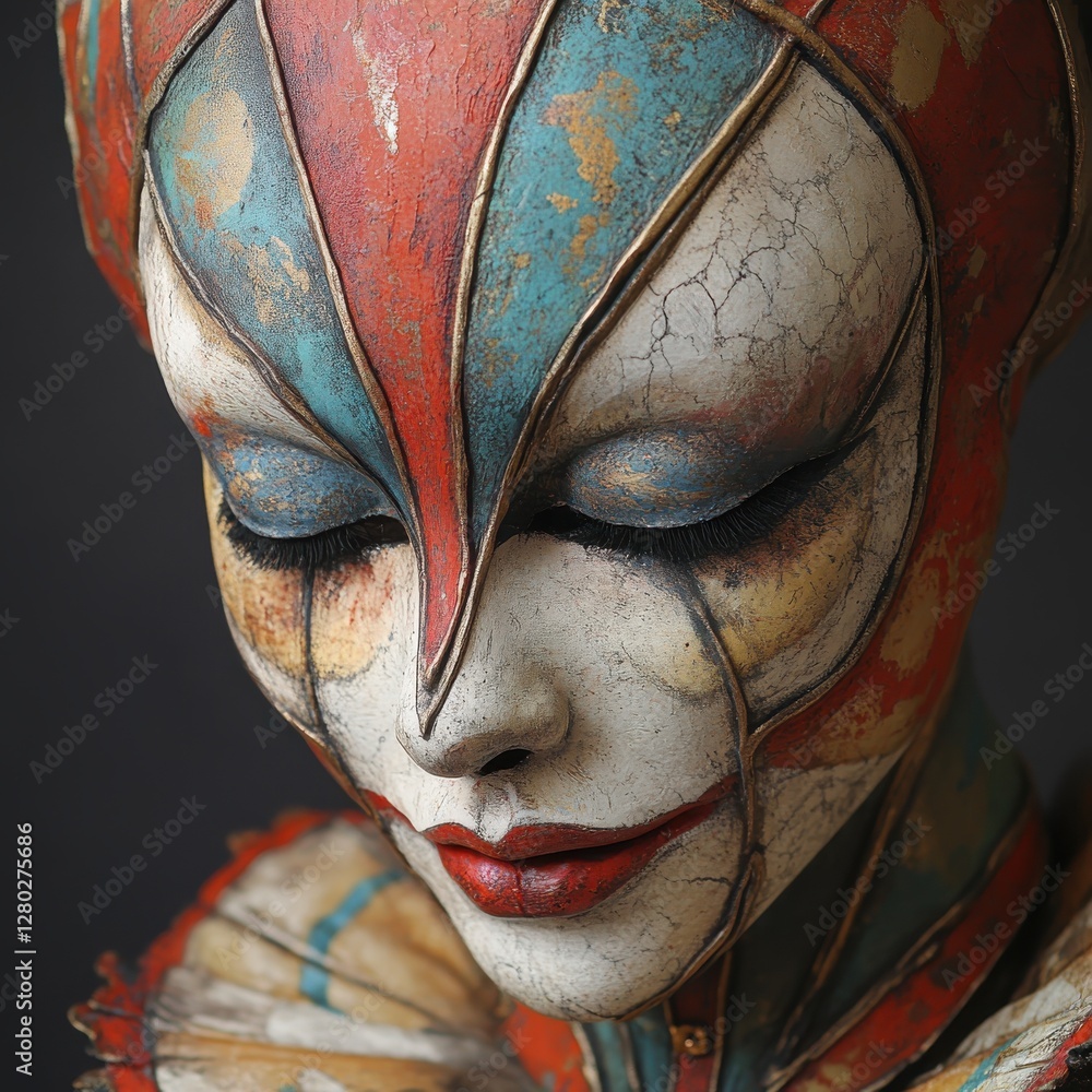 Poster surreal clown face with intricate paint and textures, evoking emotion and mystery in a unique artist