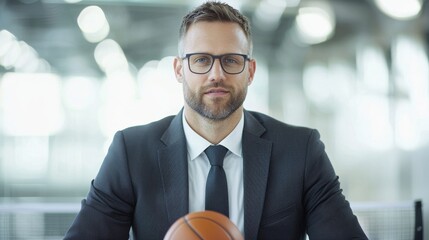 Basketball coach strategy session gymnasium professional portrait indoor focused mindset