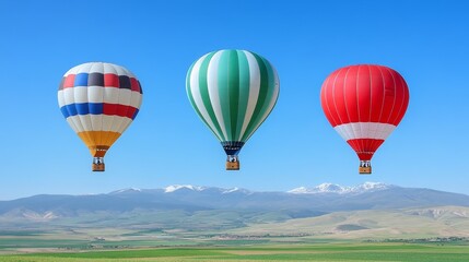 Obraz premium Colorful hot air balloons soaring above picturesque mountain range against clear blue sky aerial adventures summertime wanderlust dreamlike journey