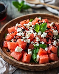 Vibrant Watermelon Salad Featuring Fresh Mint, Feta, and Drizzle in a Rustic Setting