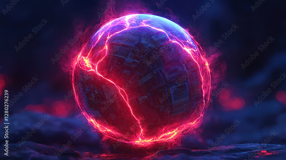 Poster massive floating sphere of interconnected servers and ai processors absorbs personal data in a dark,