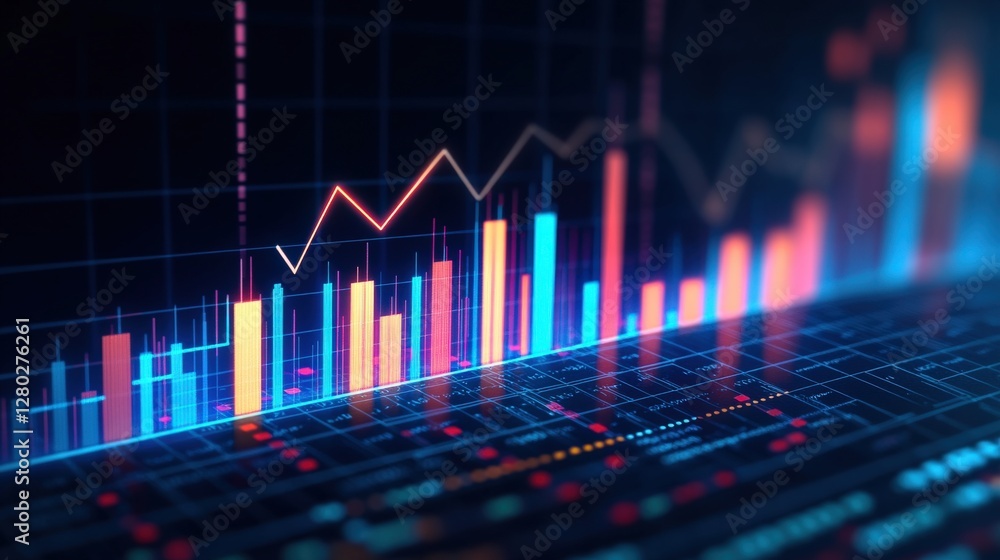 Poster colorful digital financial chart displaying market trends and data analysis in a futuristic setting
