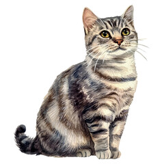 Fototapeta premium Sitting shorthair cat watercolor isolated on a transparent background.