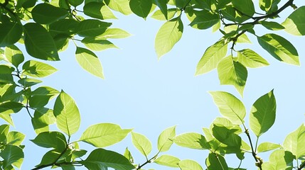 Bright Green Leaves Frame Blue Sky Background