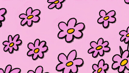 Obraz premium Decorative pattern with flowers on a pink background. The composition includes white, pink and yellow flowers with green leaves and small berries. 