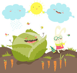 Pretty little rabbit and cabbage field. Vector illustration
