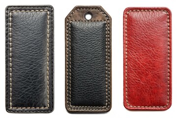 Three leather tags with different colors and designs. The black tag is the most prominent and the red tag is the smallest