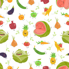 Seamless background with fruits and vegetables on green background. Flat design. Vector illustration