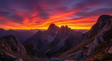Stunning Mountain Sunset with Vibrant Sky and Rugged Peaks