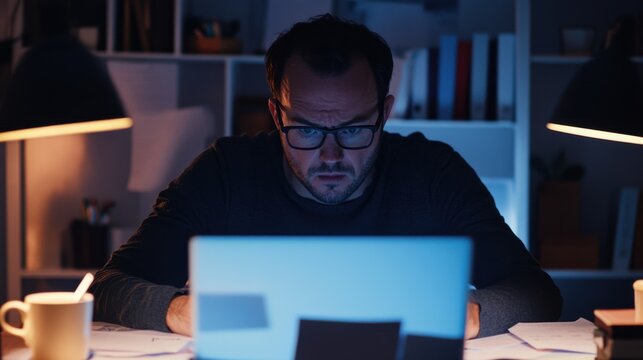 Worried user sitting at a desk, gazing at a computer screen with an anxious look. Featuring emotional distress and mental fatigue