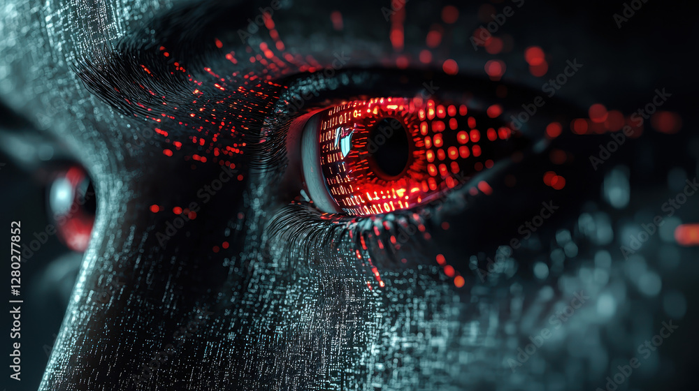 Poster cyber terrorists manipulate a powerful ai system with glowing red eyes as lines of malicious code re
