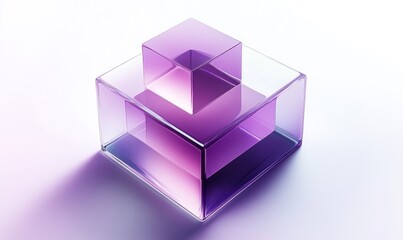 Two glass cubes, one smaller atop a larger one, reflecting purple light.