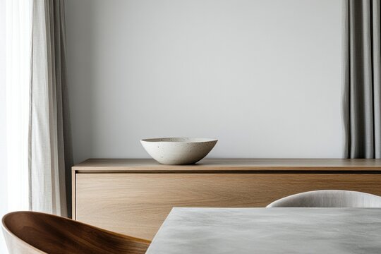 Modern dining room, light-colored bowl on wood cabinet.  Possible use interior design stock photo