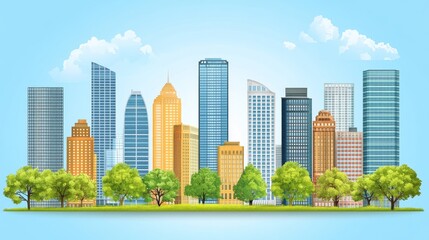 Fototapeta premium Vector illustration of modern city skyline with green trees and blue sky for urban development projects and eco-friendly townscapes