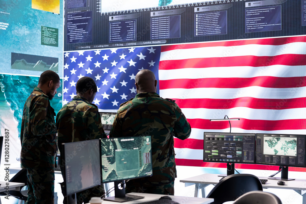Poster american military intelligence officers in a command center monitoring surveillance information in o