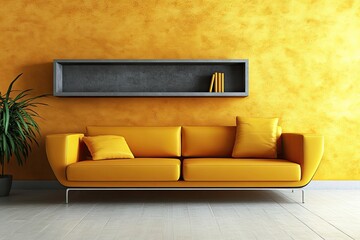 Modern yellow living room with built-in shelving